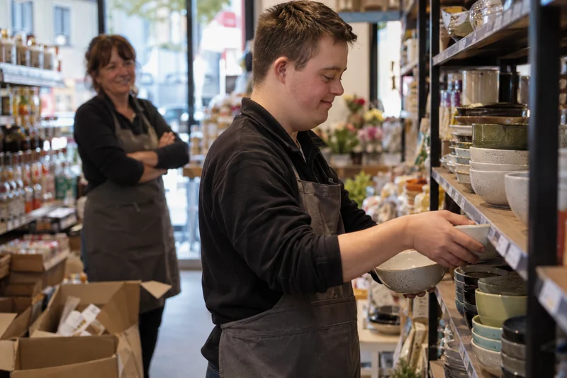 Un jeune trisomique met en rayon des produits dans un supermarché