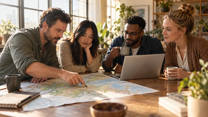 Un groupe de personnes attablé regarde une carte d'état-major en prenant leur café. Un ordinateur est posé sur la table.