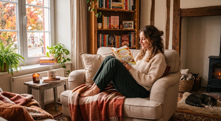 femme qui lit dans une ambiance cosy