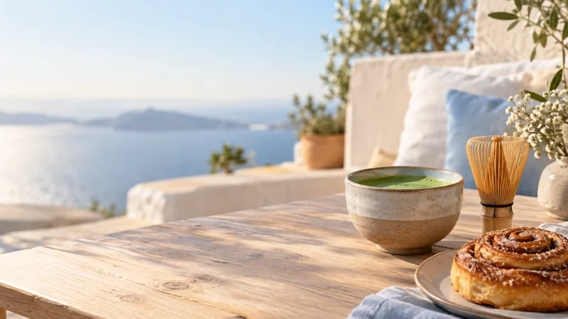 Un bol de thé matcha posée sur la table d'une terrasse avec vue sur la mer
