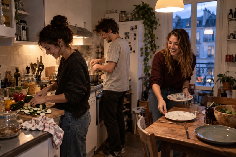 De jeunes étudiants sont en train de cuisiner dans un studio aménagé avec cuisine ouverte