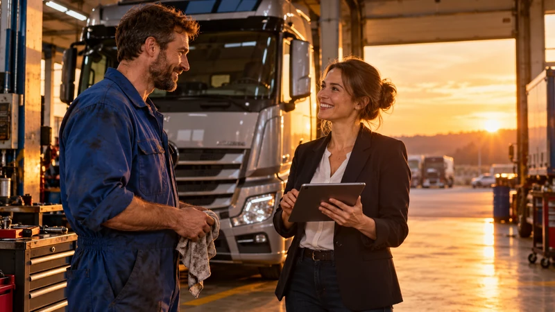 Une femme discute avec un garagiste devant un camion.